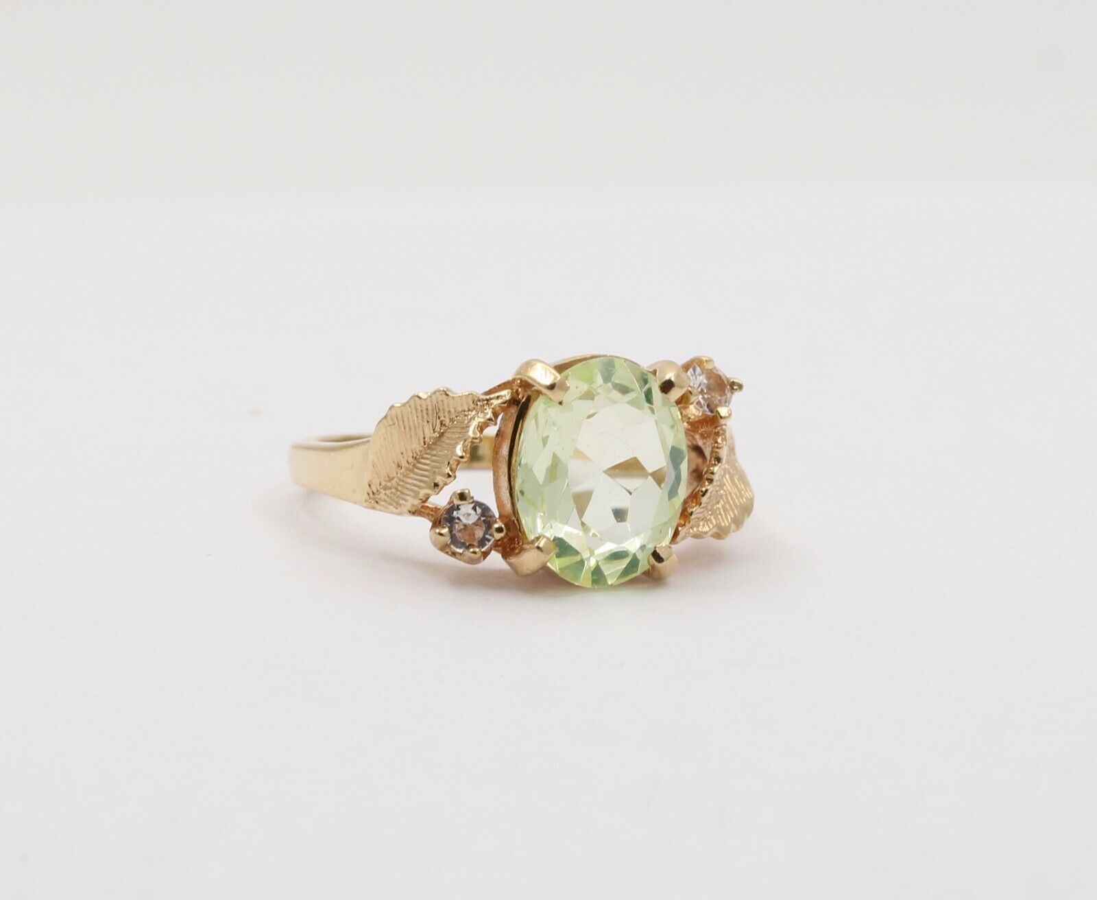 Vintage Leaf motif Man Made Lime yellow cushion cut stone and Diamond Gold Ring