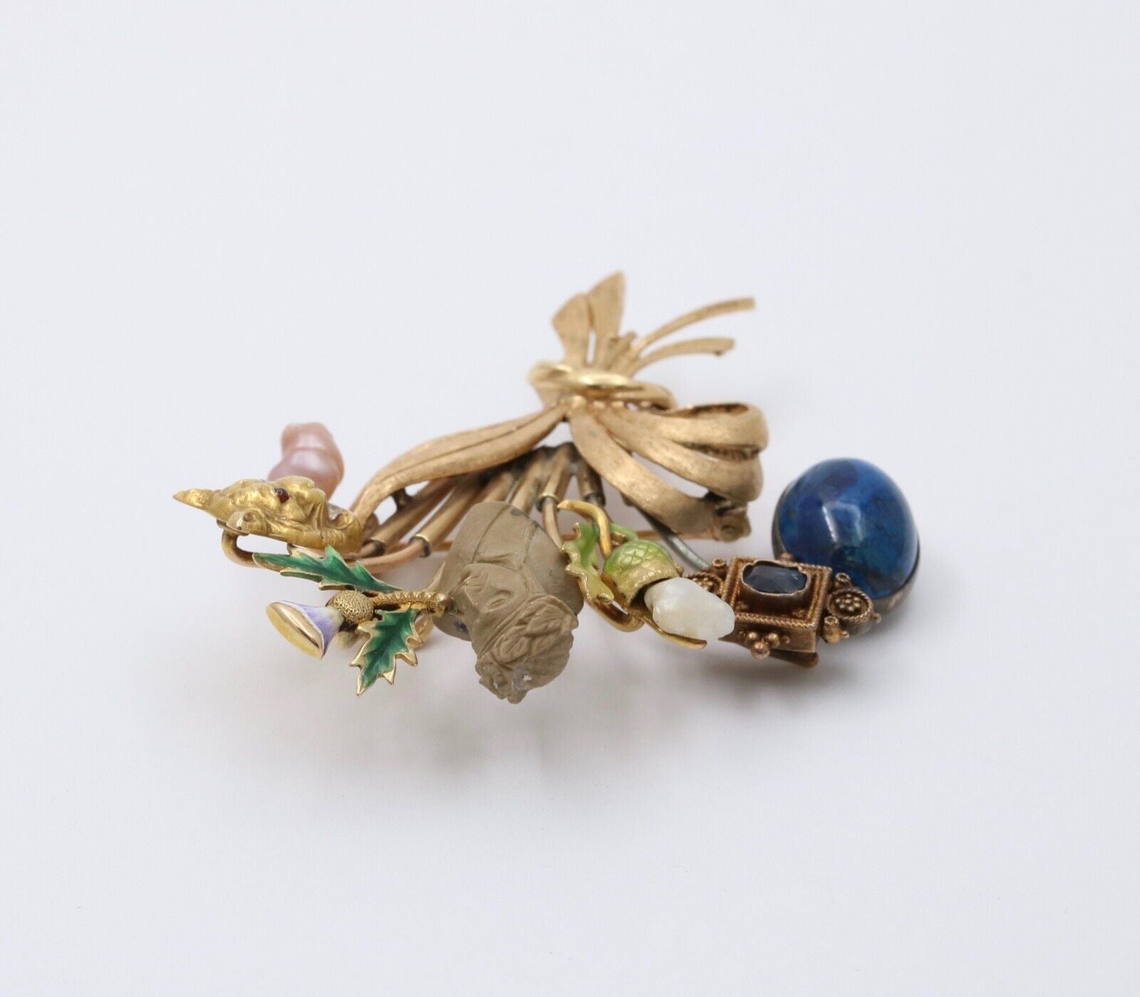 Vintage 14K Gold Stick Pin Conversion Brooch, Enamel Sapphire, Pearl.