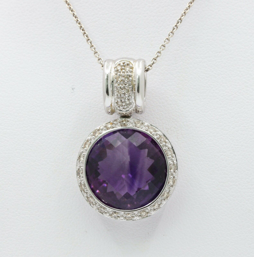 Vintage Ladies Amethyst Diamonds 14K White Gold Pendant