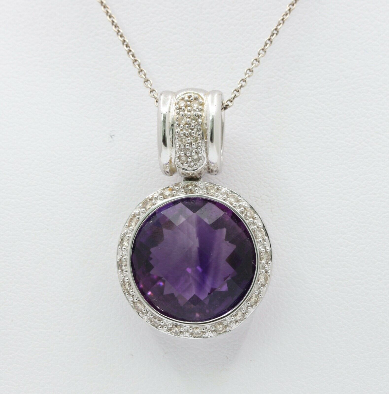 Vintage Ladies Amethyst Diamonds 14K White Gold Pendant