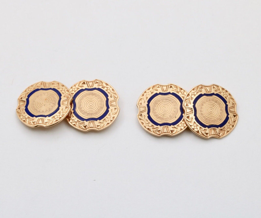 Vintage Blue Enamel High Relief 14K Gold Cufflinks