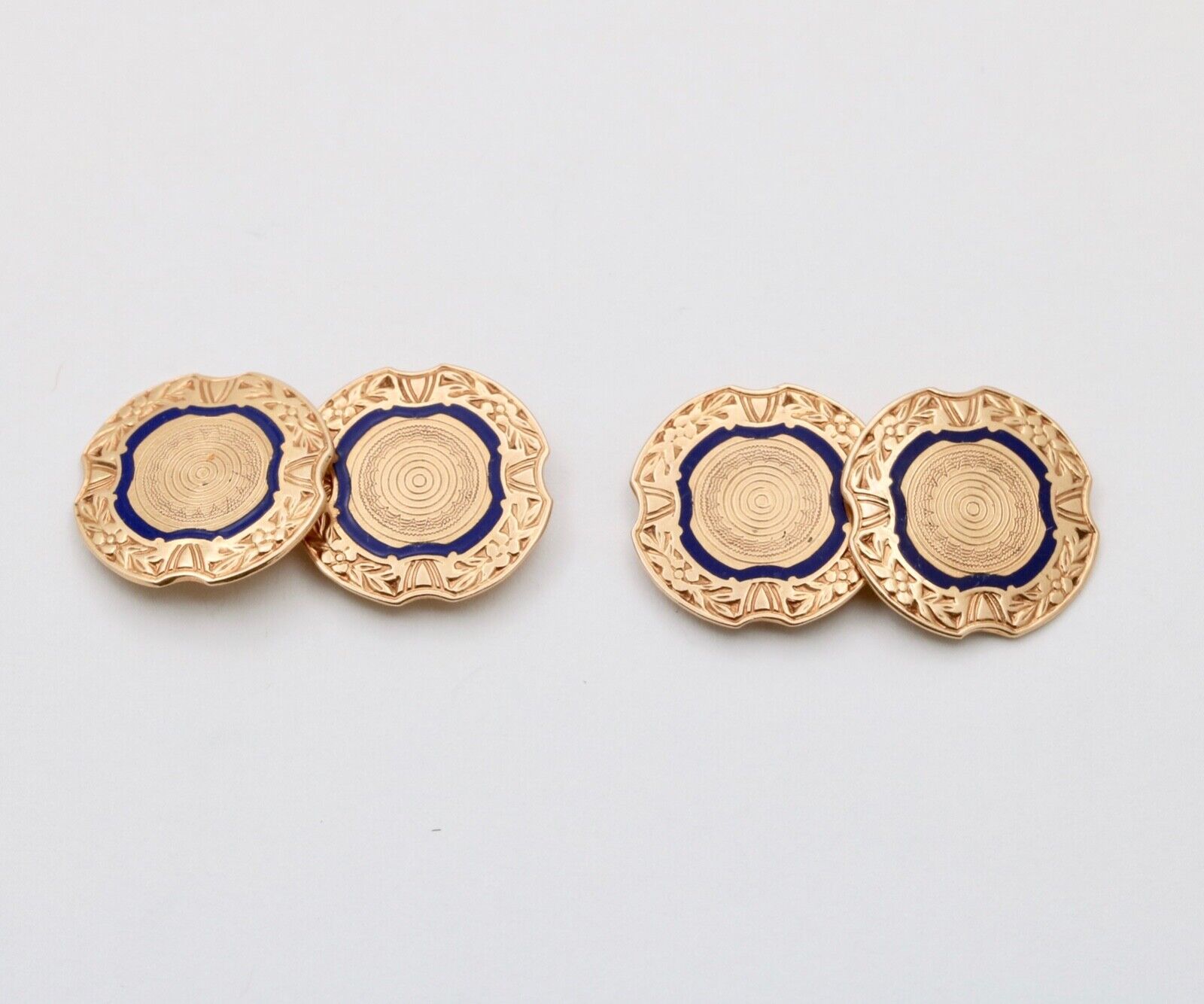 Vintage Blue Enamel High Relief 14K Gold Cufflinks