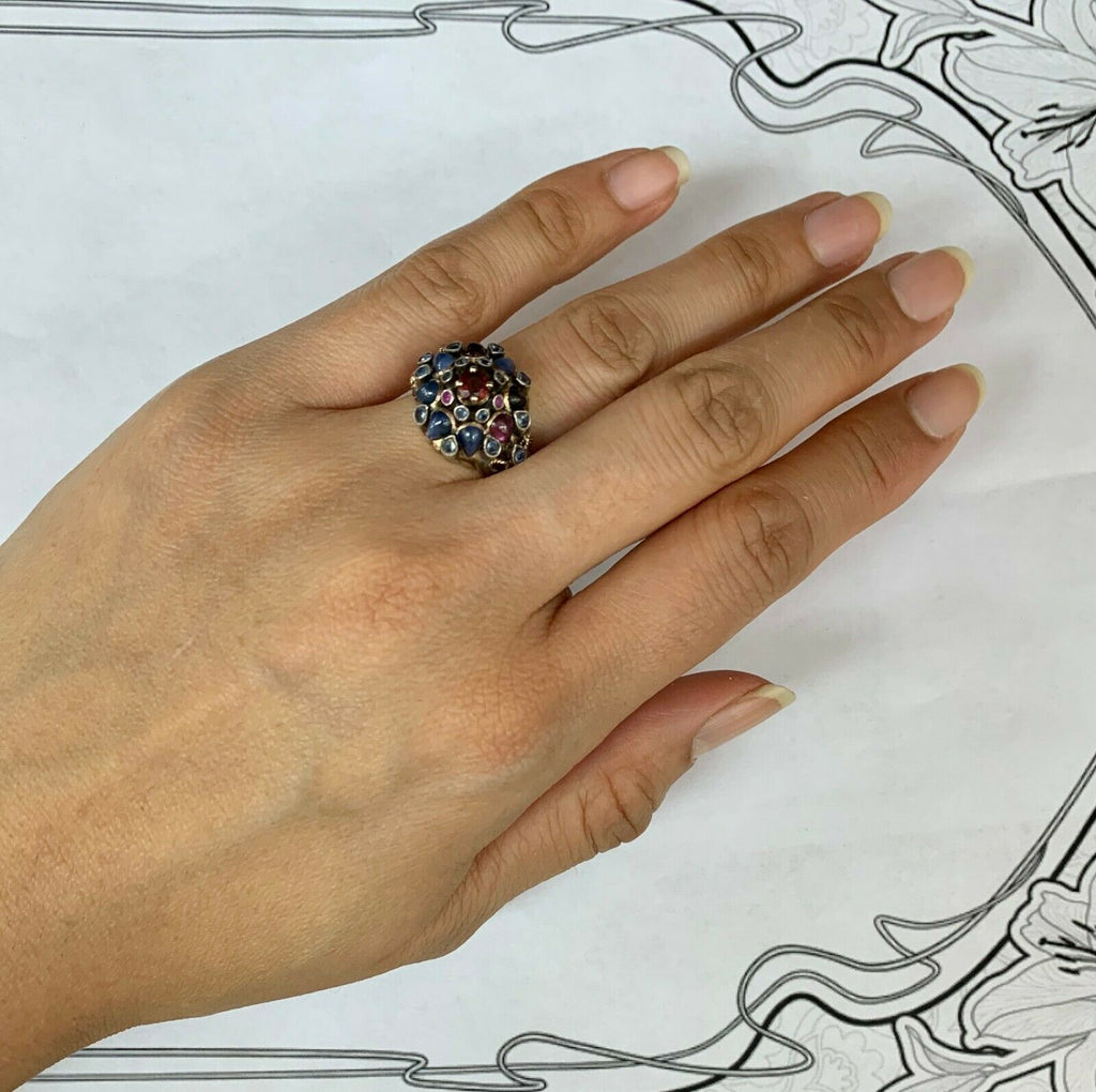 Vintage 18K Gold Sapphire, Garnet, and Ruby Cluster Ring