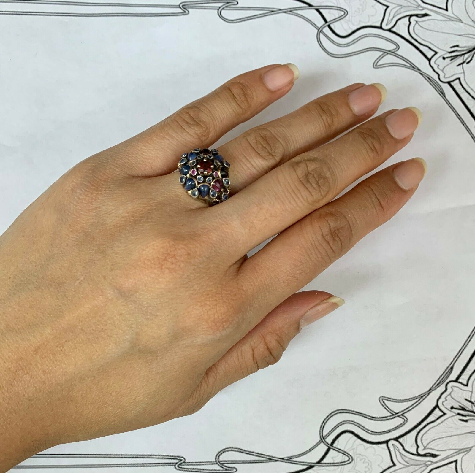 Vintage 18K Gold Sapphire, Garnet, and Ruby Cluster Ring