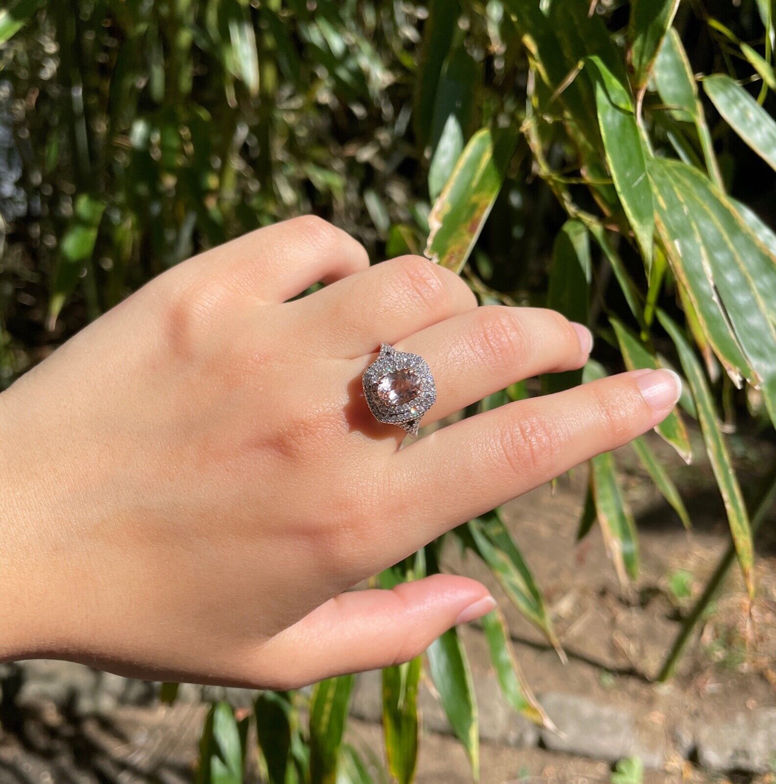 Vintage Morganite Diamonds 10K White Gold Ring
