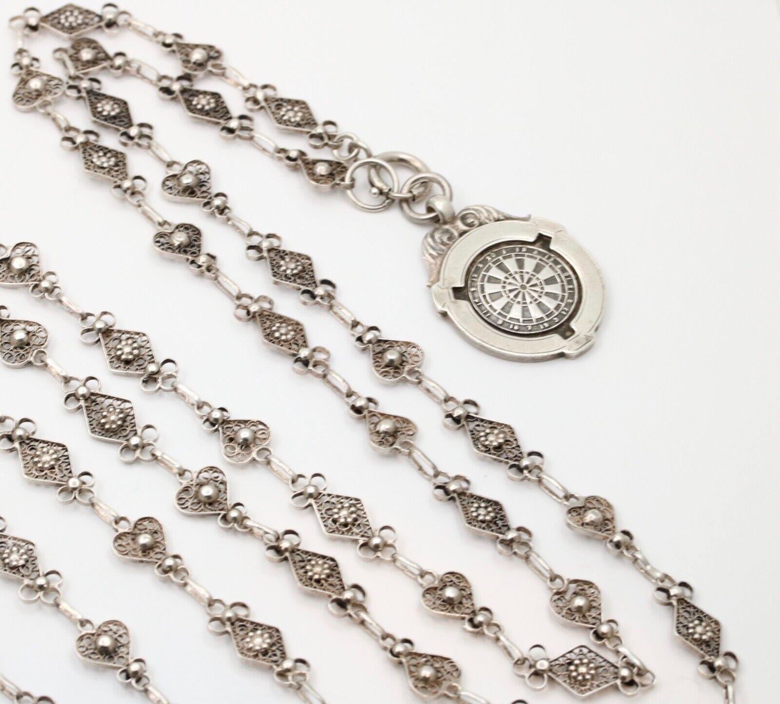 Vintage Sterling Silver French Style Filigree Chain And Darts Pendant Charm
