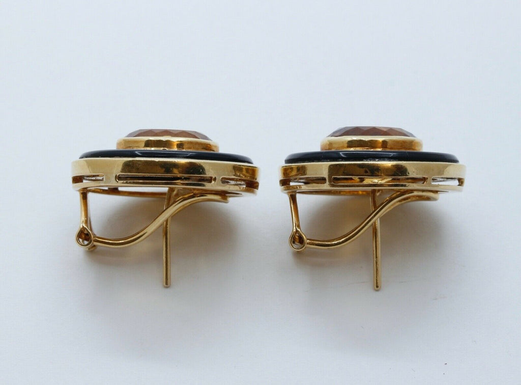 Vintage 18K Yellow Gold Citrine Diamonds Onyx Earrings