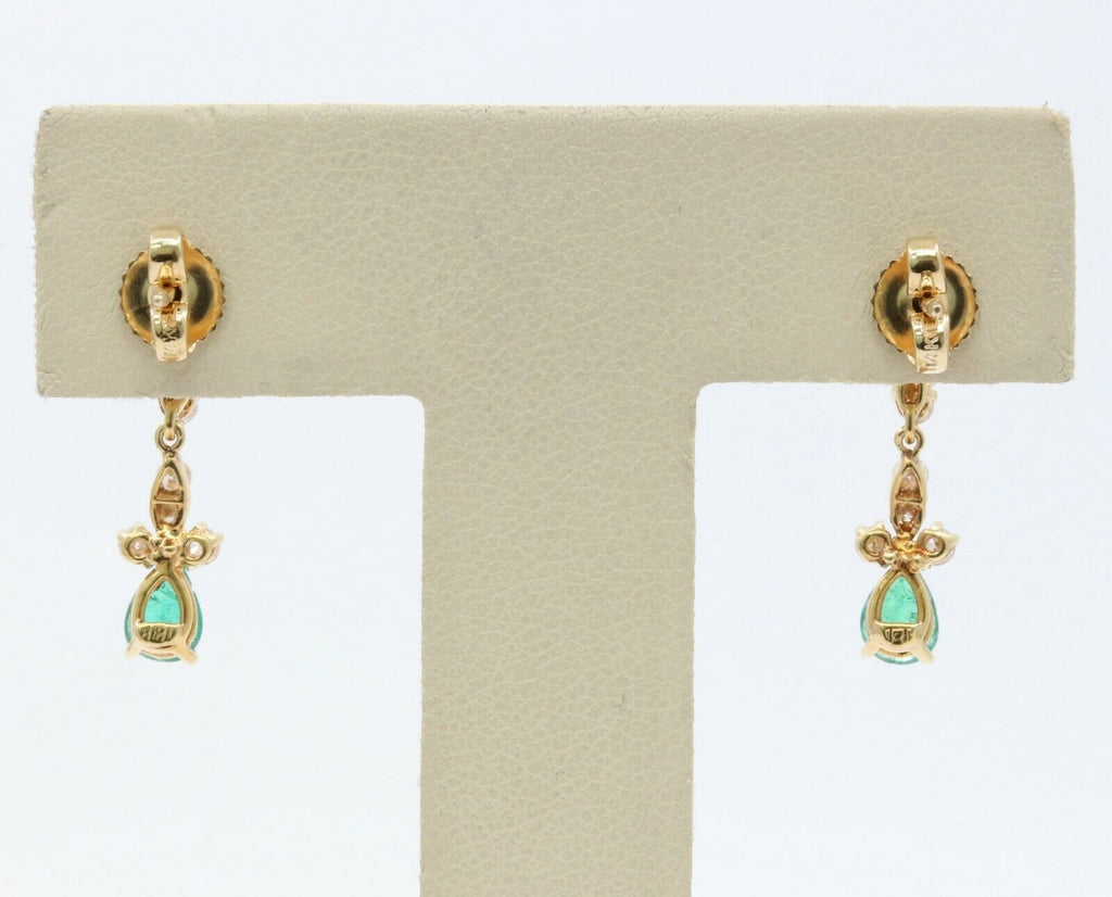 Vintage 14K Yellow Gold Emerald Diamond Drop Earrings