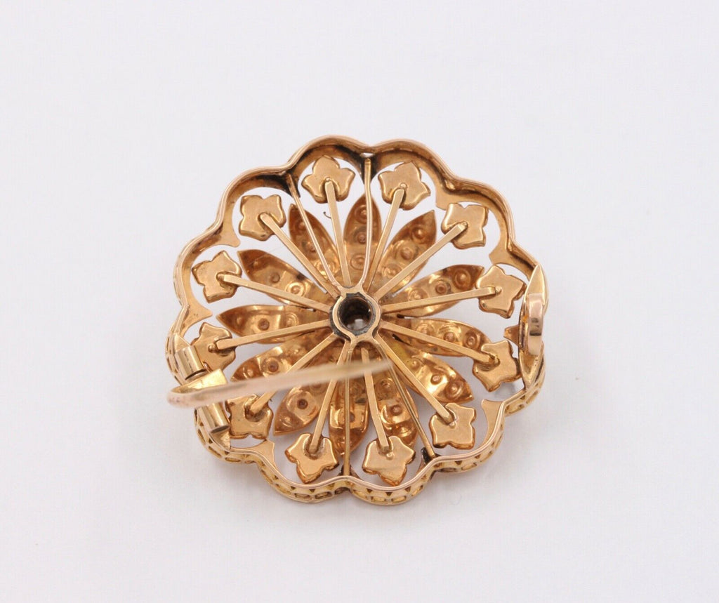 Victorian Starburst Diamond Seed Pearls 14K Yellow Gold Brooch Pin