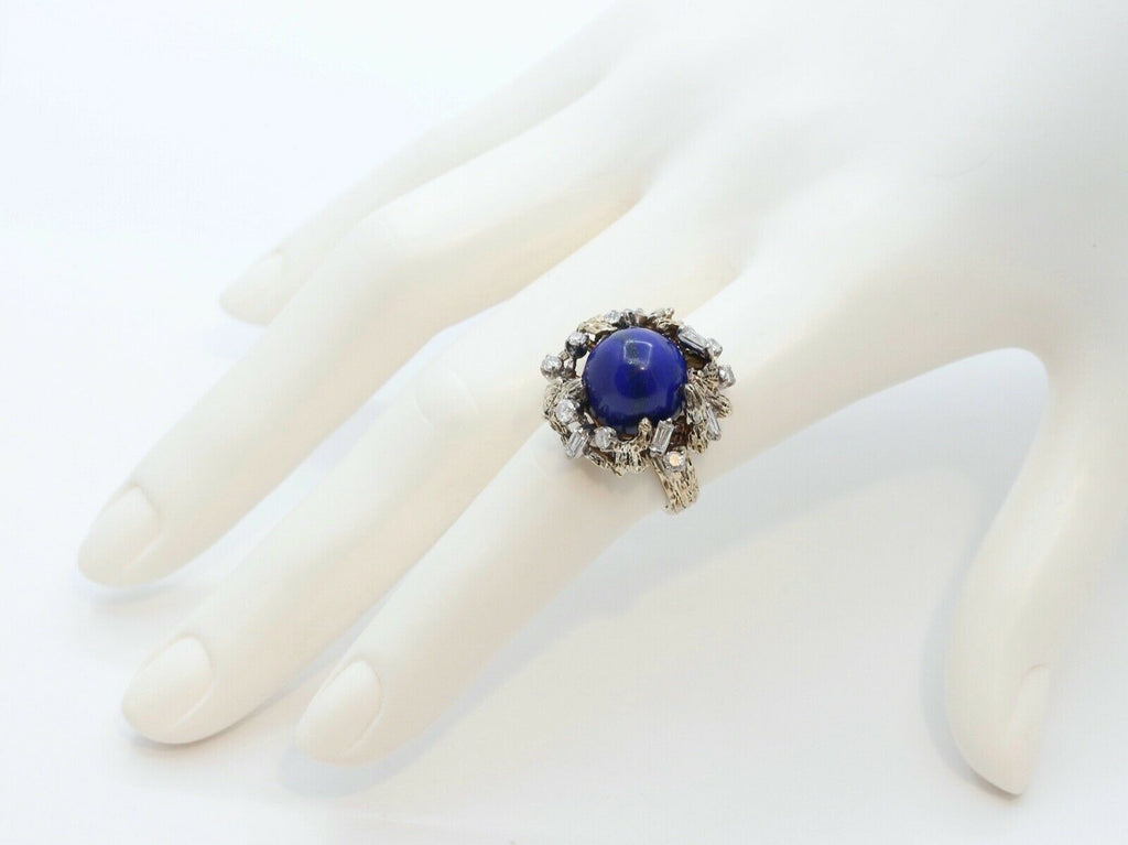 Vintage Tree Vine Cabochon Lapis Lazuli Diamonds 14K Yellow Gold Ring
