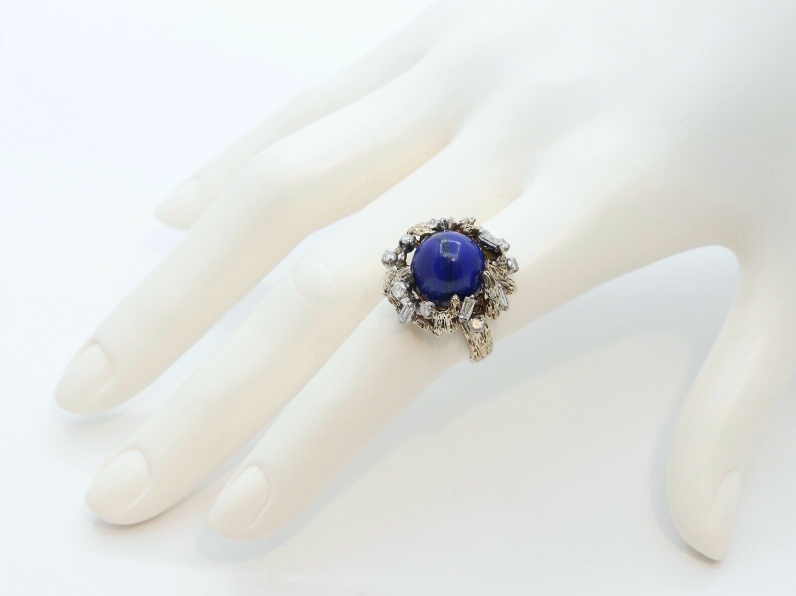 Vintage Tree Vine Cabochon Lapis Lazuli Diamonds 14K Yellow Gold Ring