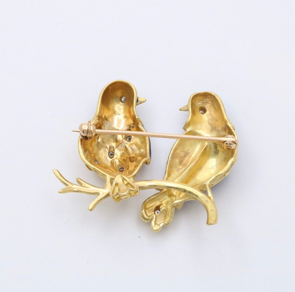 Vintage 18K Gold, Enamel, and Diamond Love Birds Brooch, Parrot Pin