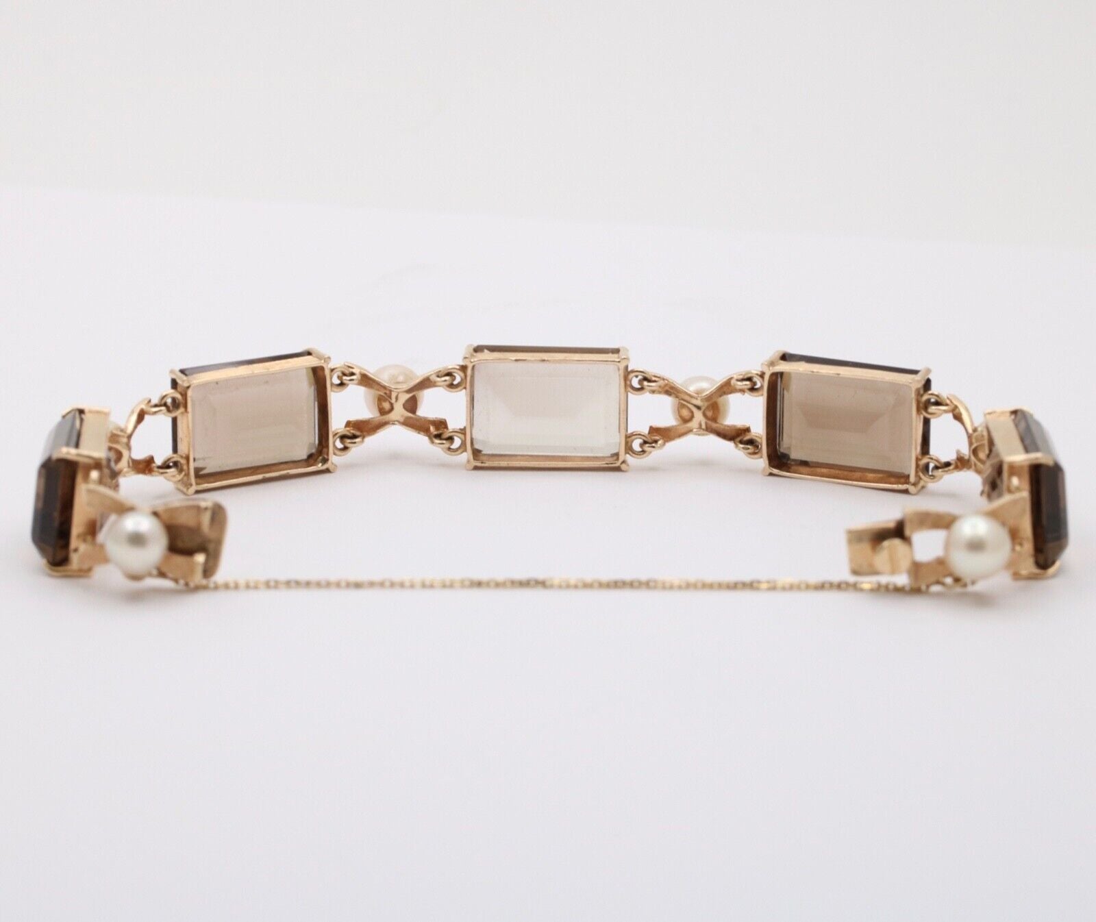 Vintage 14K Yellow Gold Smoky Topaz & Pearl Bracelet