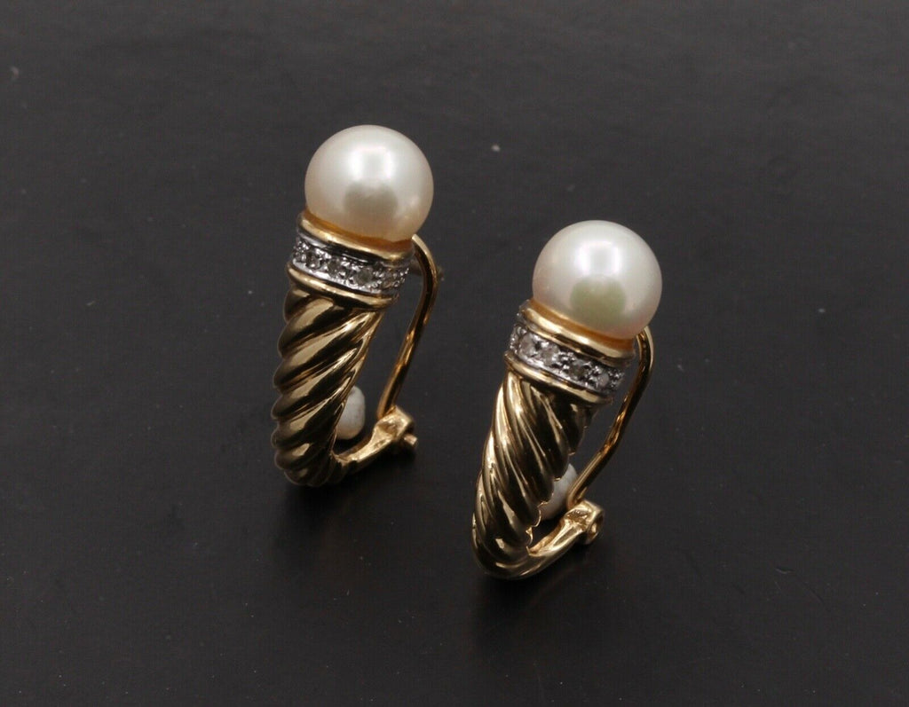 Vintage Shrimp Style Pearl Diamonds 14K Yellow White Gold Earrings