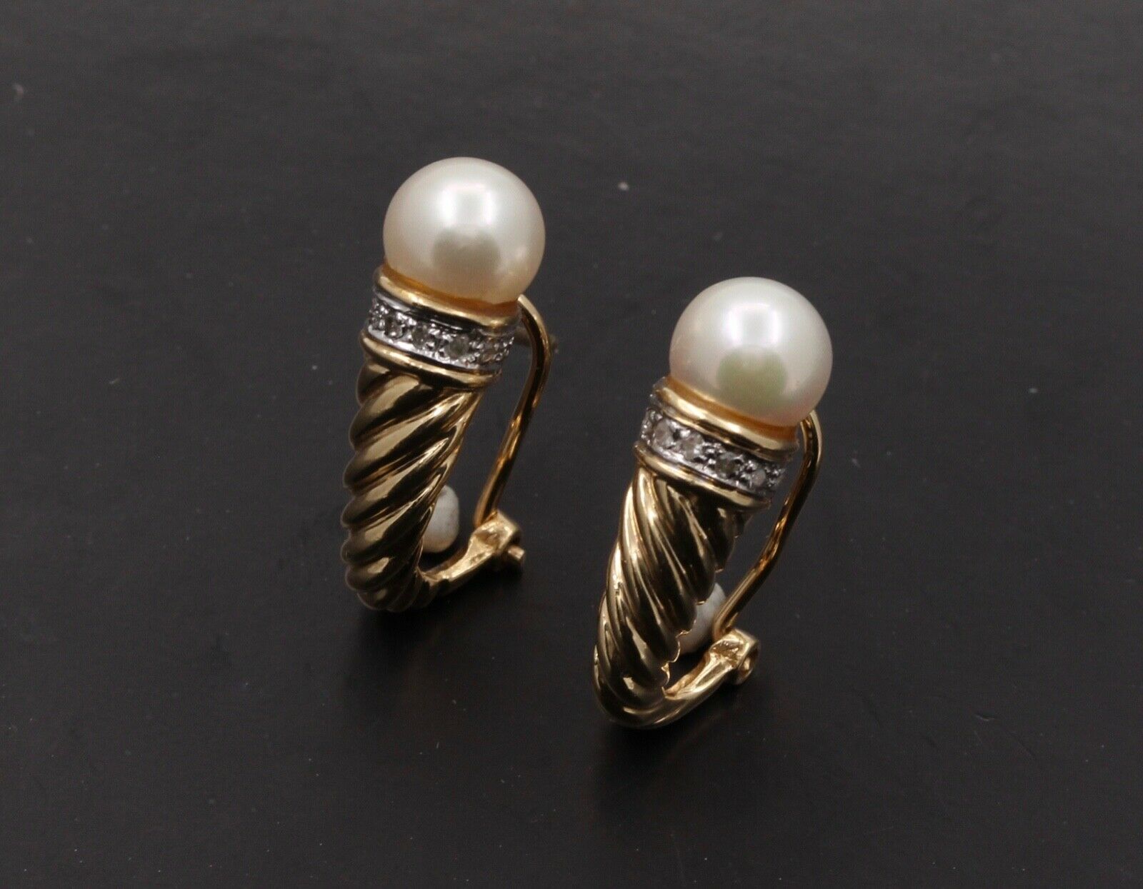 Vintage Shrimp Style Pearl Diamonds 14K Yellow White Gold Earrings