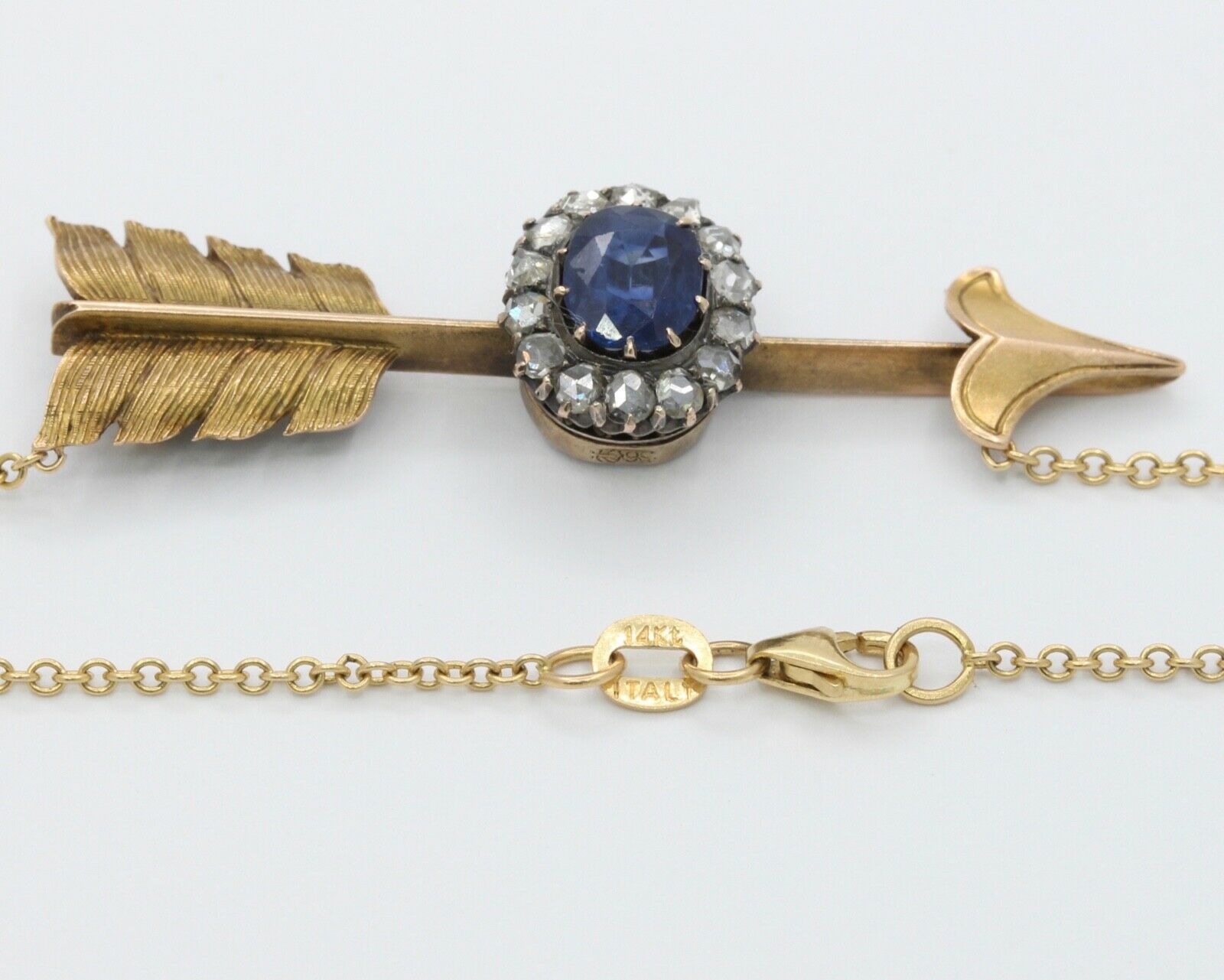 Victorian Russian 14K Yellow Gold Sapphire Rose Cut Diamond Arrow Pendant