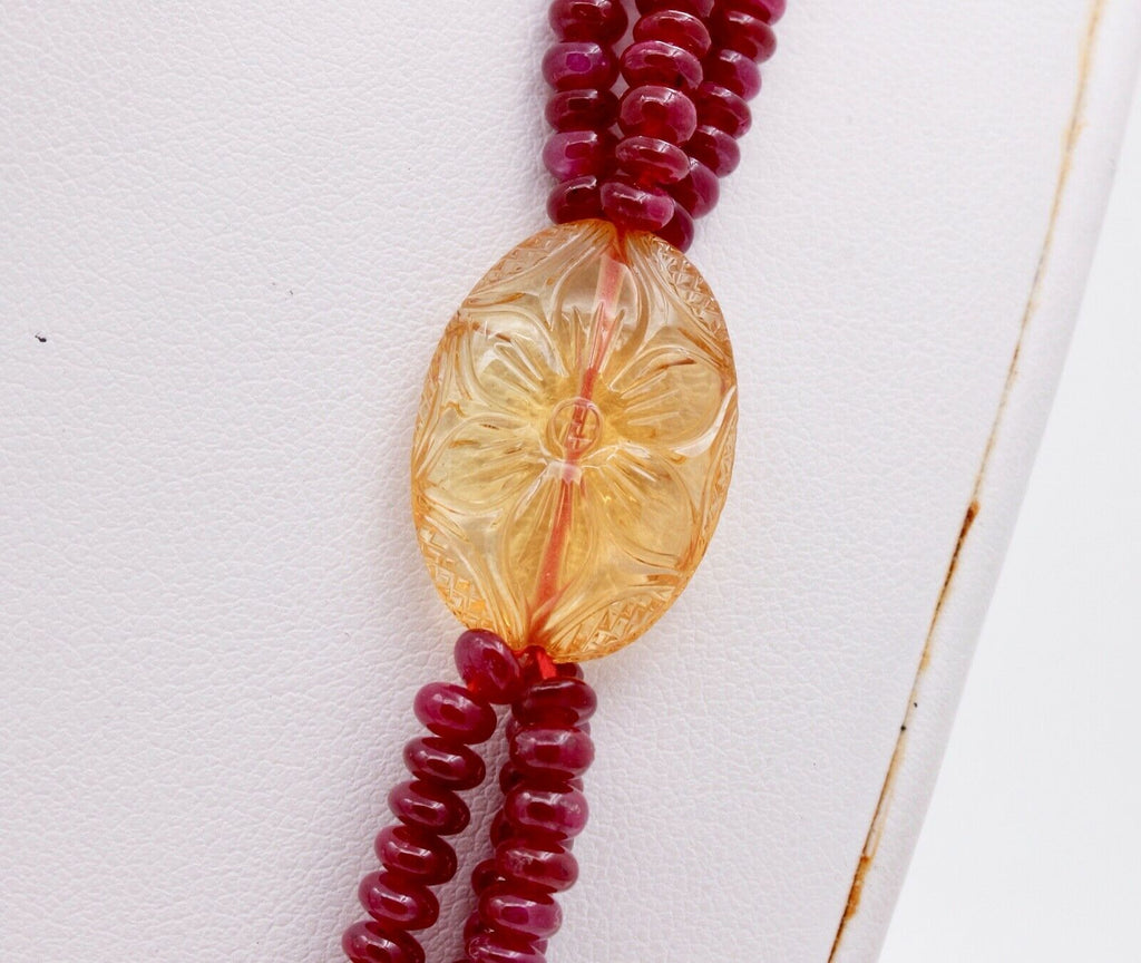Vintage Ruby Citrine Pearls 18K Yellow Gold Bead Strand Necklace