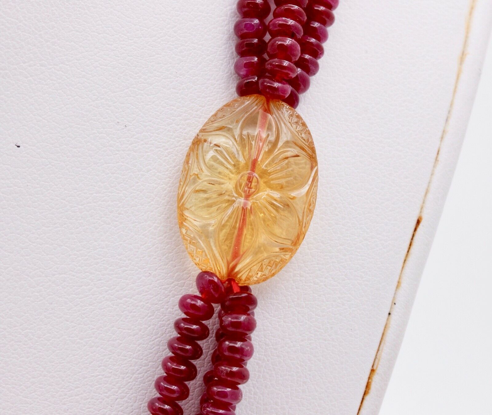 Vintage Ruby Citrine Pearls 18K Yellow Gold Bead Strand Necklace