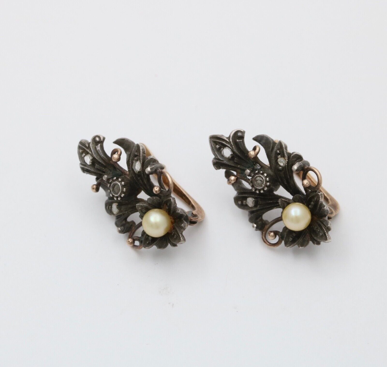 Victorian 10K Gold Diamond And Pearl Earrings