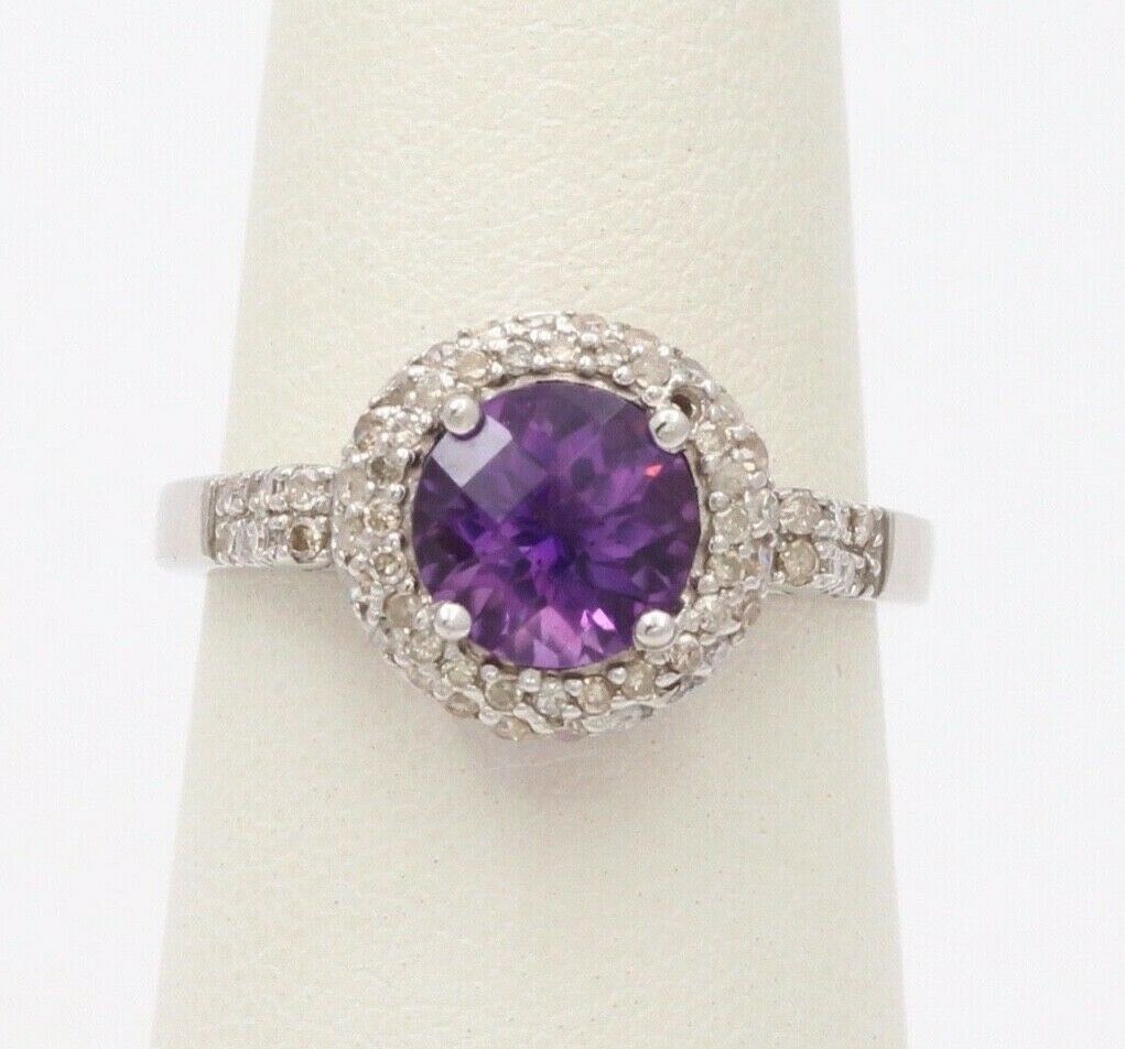 Vintage 14K White Gold Round Amethyst Diamond Halo Ring, Engagement Ring