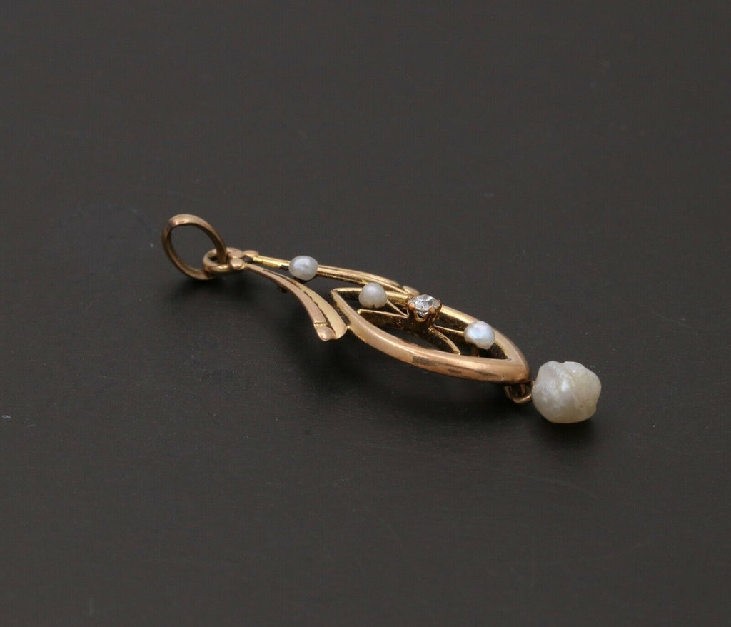 Art Nouveau Diamond Seed Pearls 10K Yellow Gold Pendant