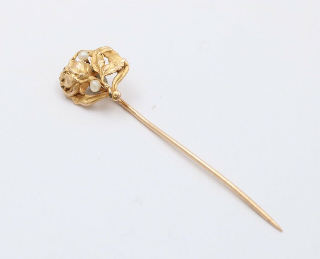 Antique Art Nouveau 10K Yellow Gold Seed Pearl Rose Stick Pin.