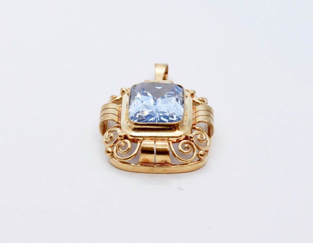 Mid Century Emerald Cut Topaz 9K Yellow Gold Pendant