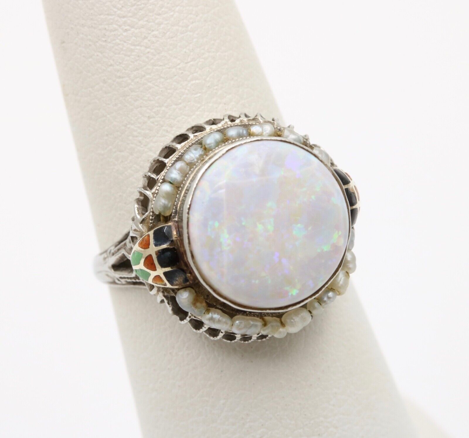 Antique Art Deco 10K White Gold Opal and Pearl Enamel Ring.