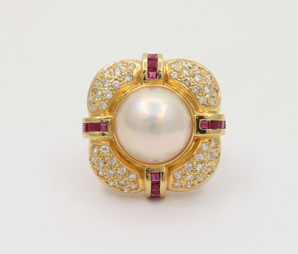 Vintage Mabe Pearl Diamonds Rubies 18K Yellow Gold Ring