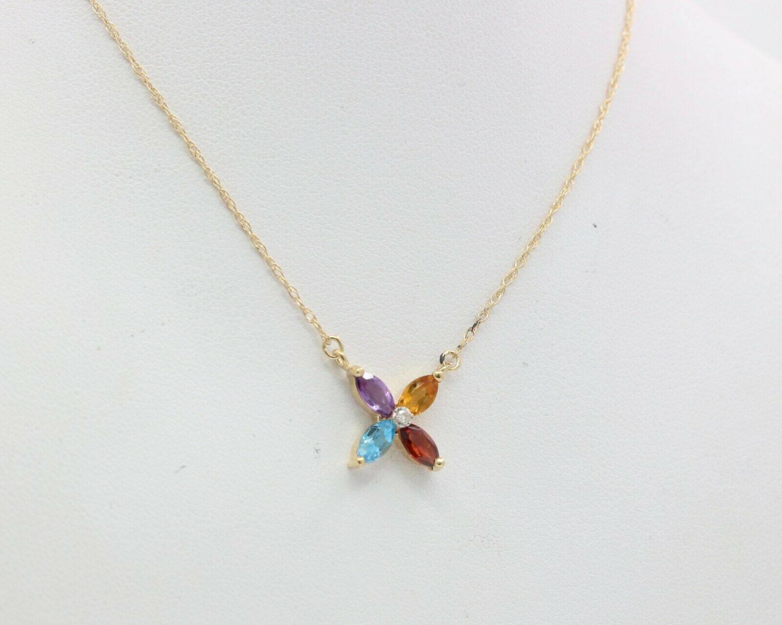 Vintage 14K Yellow Gold Four Leaf Flower Multi Stone Diamond Pendant