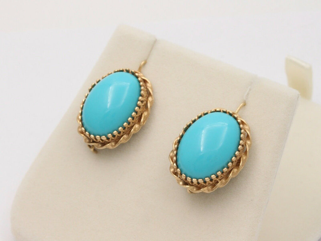 Vintage Turquoise 14K Yellow Gold Frame Dangling Earrings, Estate.