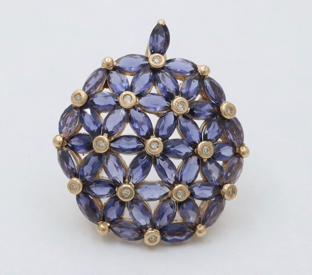 Vintage Tanzanite Diamonds 10K Yellow Gold  Hydrangea Pendant Brooch Pin