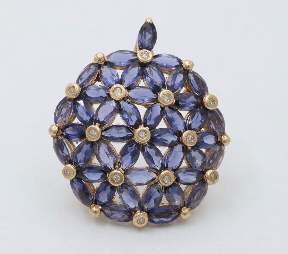 Vintage Tanzanite Diamonds 10K Yellow Gold  Hydrangea Pendant Brooch Pin