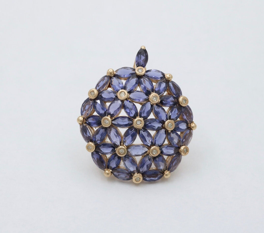 Vintage Tanzanite Diamonds 10K Yellow Gold Flower Pendant Brooch Pin