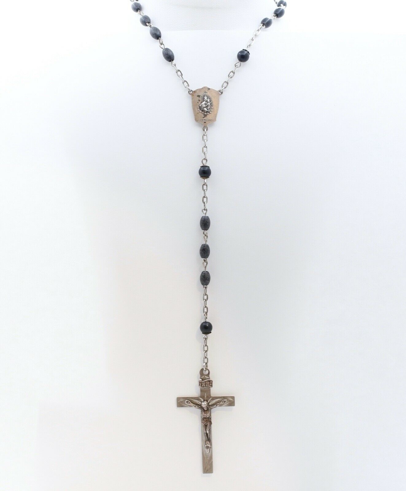 Vintage Sterling Silver Wood Beads Rosary
