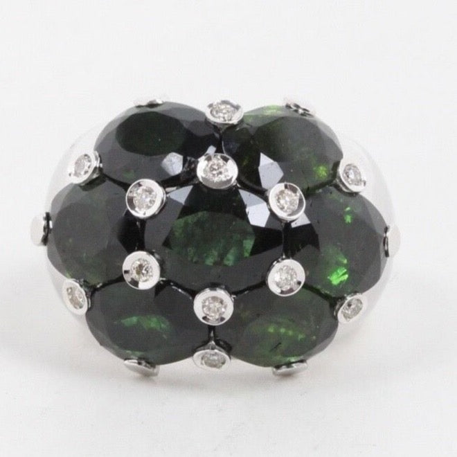 Vintage 18K White Gold  Green Tourmaline & Diamonds Dome Ring