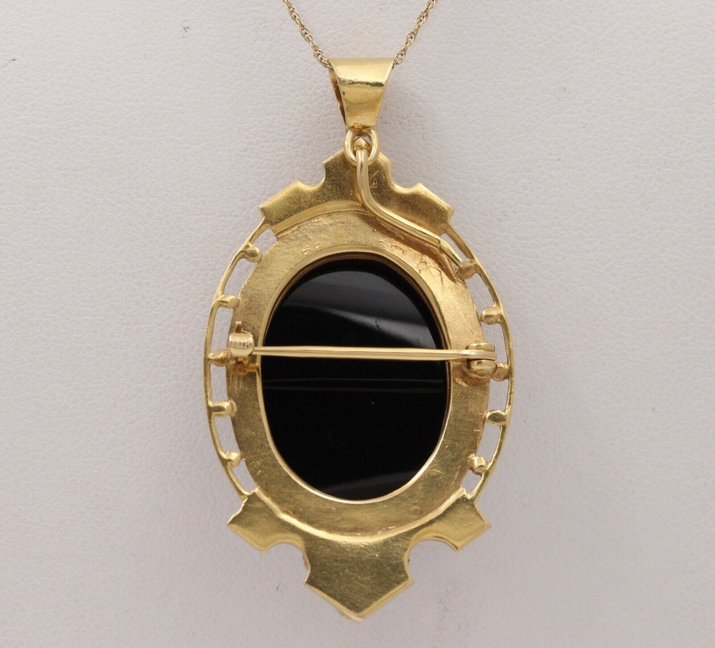 Antique 10K Yellow Gold Onyx Cameo Pendant Brooch