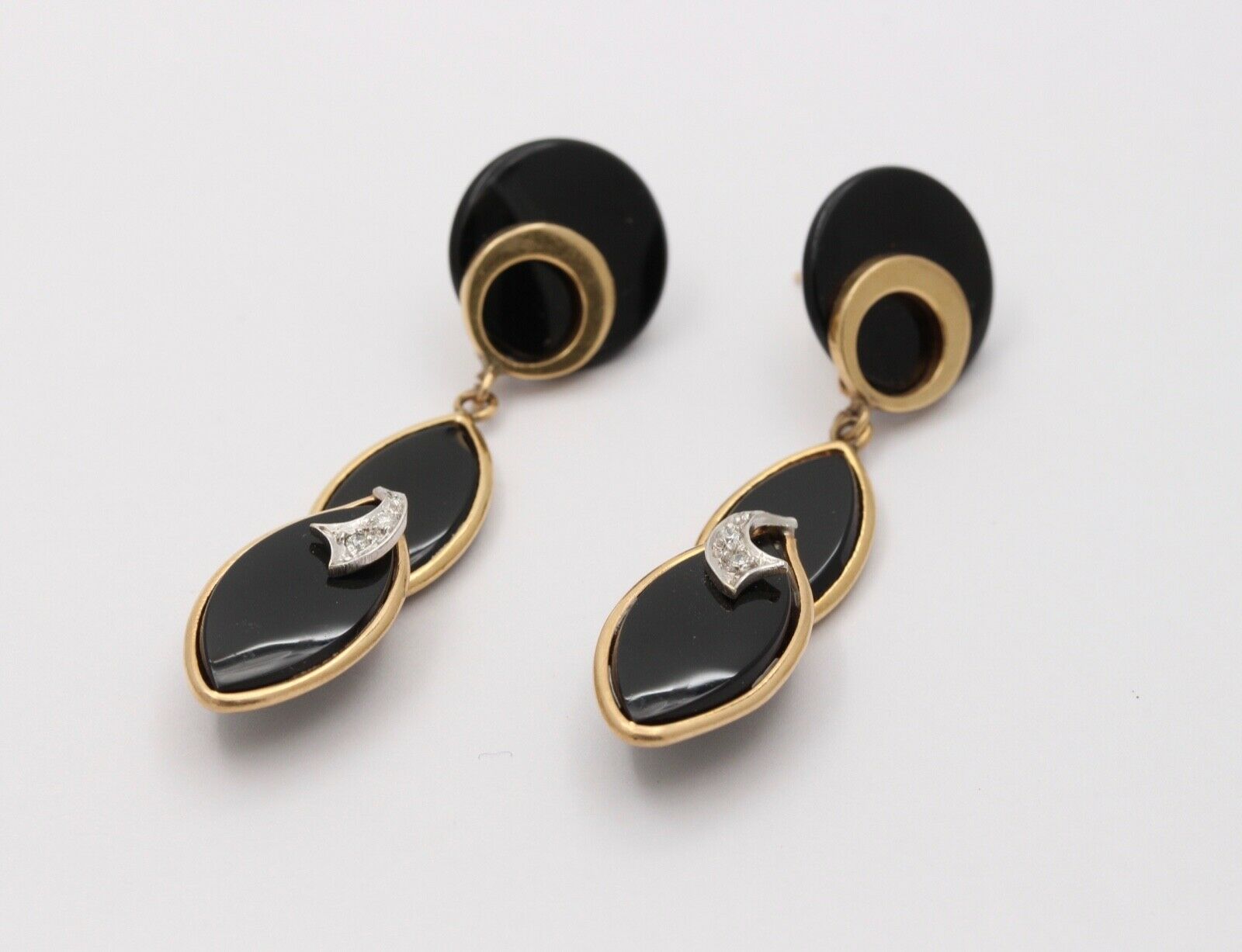 Vintage Funky Onyx 14K Yellow Gold Diamond Dangling Earrings, Drop Earrings.