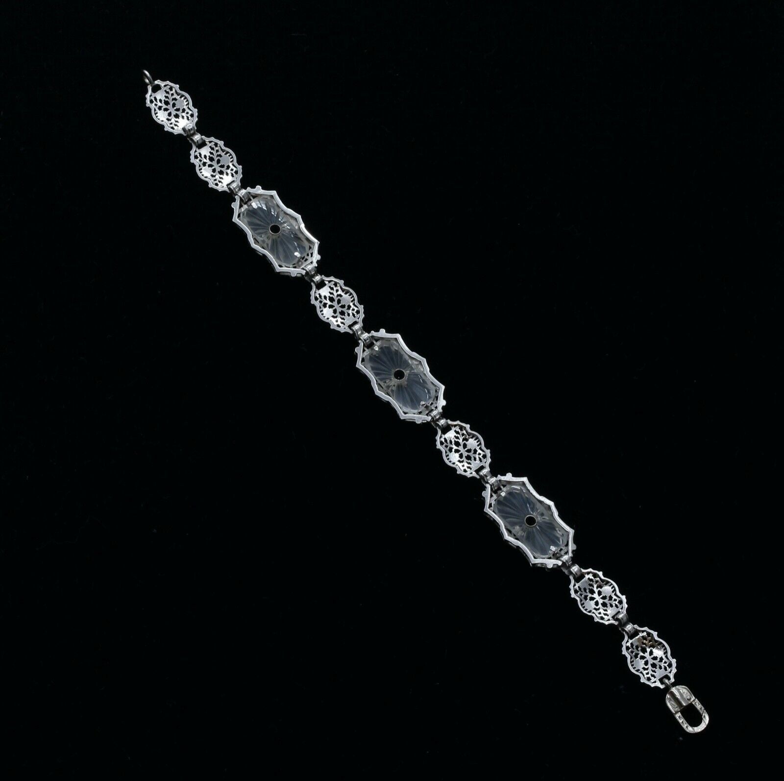 Art Deco Sapphires Diamonds Art Glass 14K White Gold Filagree Bracelet