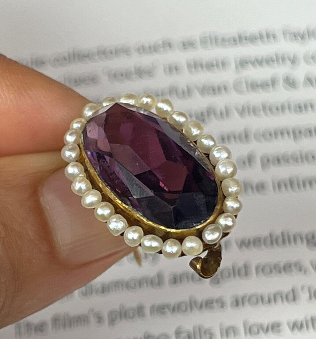 Antique Victorian 10K Yellow Gold Amethyst & Pearl Brooch Pin.