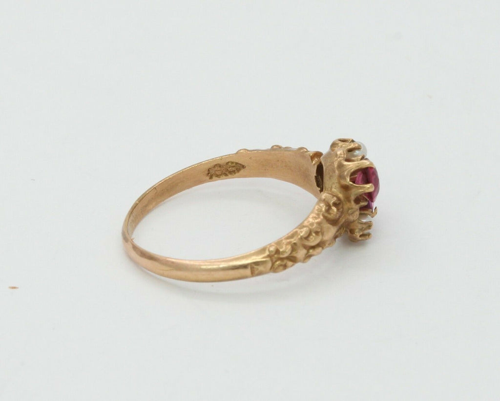 Victorian 14K Rose Gold Seed Pearl Ruby Promise Ring