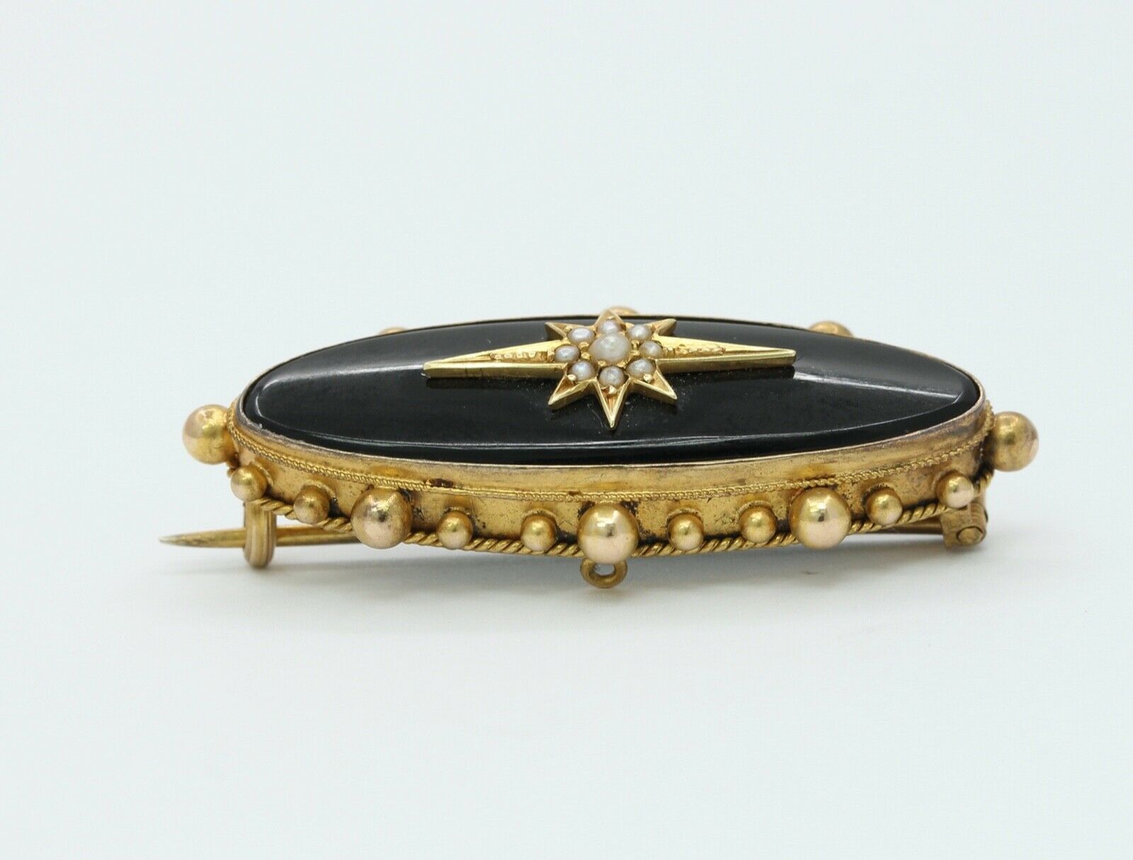 Victorian 15K Yellow Gold Black Onyx Seed Pearls Memorial Brooch