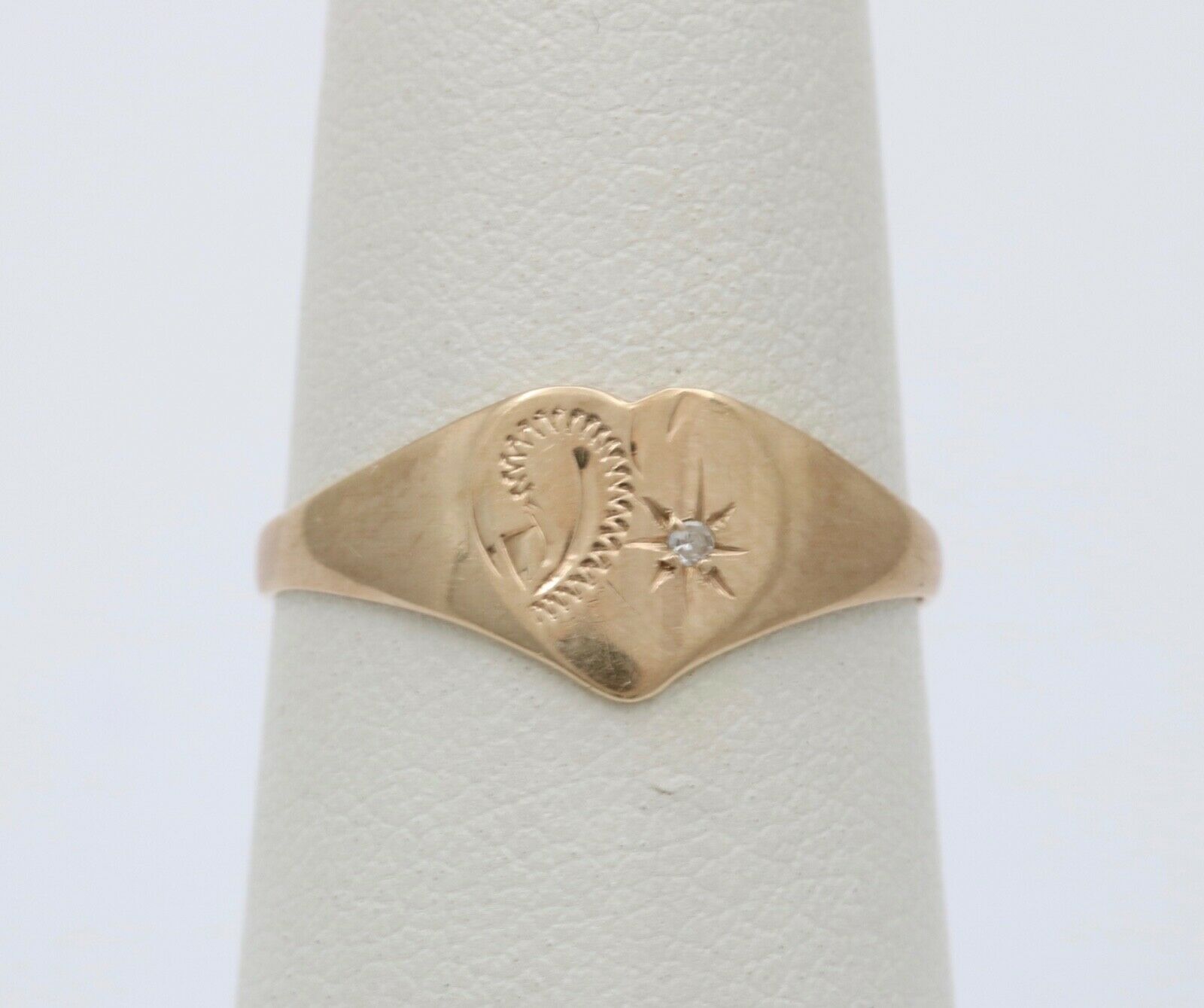 English 9K Yellow Gold Diamond Heart Signet Ring