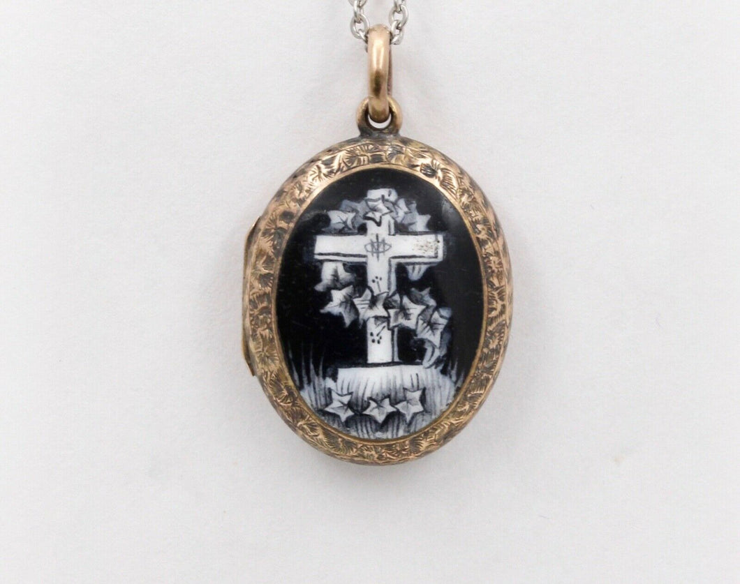 Victorian Mourning 10K Yellow Gold Enamel Cross Locket Pendant