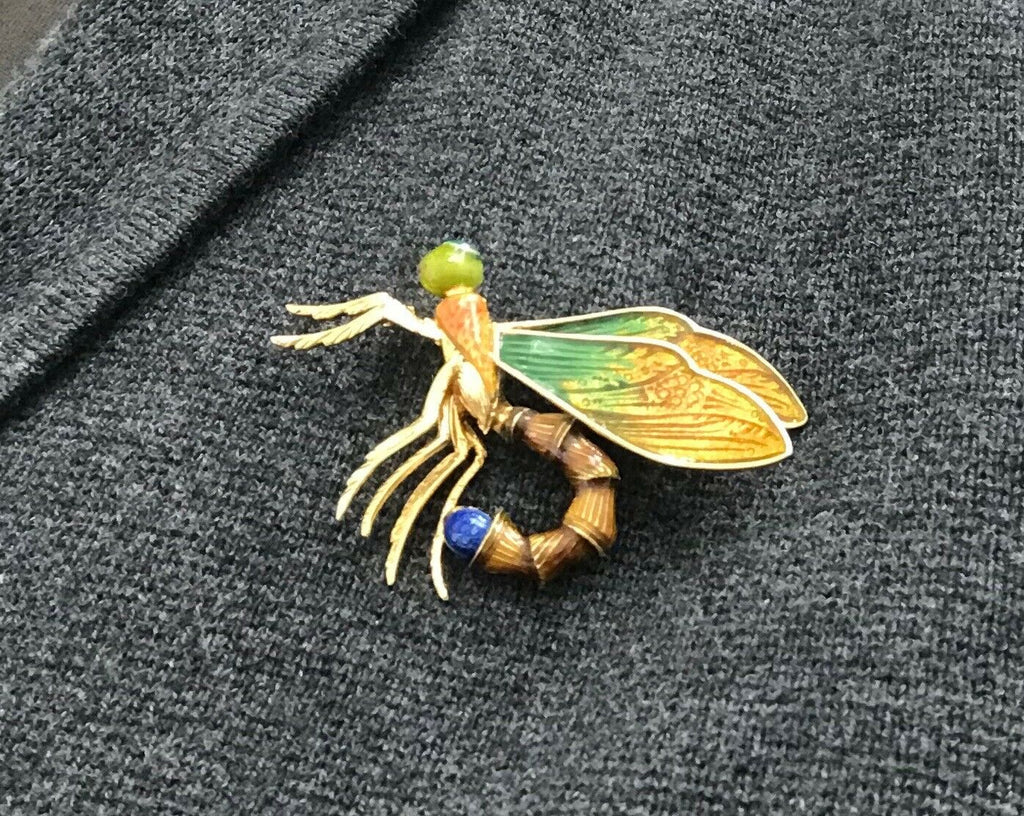 Vintage Italian 18K Yellow Gold Enamel Dragonfly Brooch