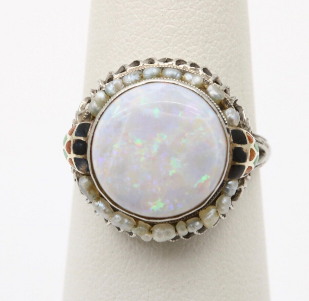 Antique Art Deco 10K White Gold Opal and Pearl Enamel Ring.