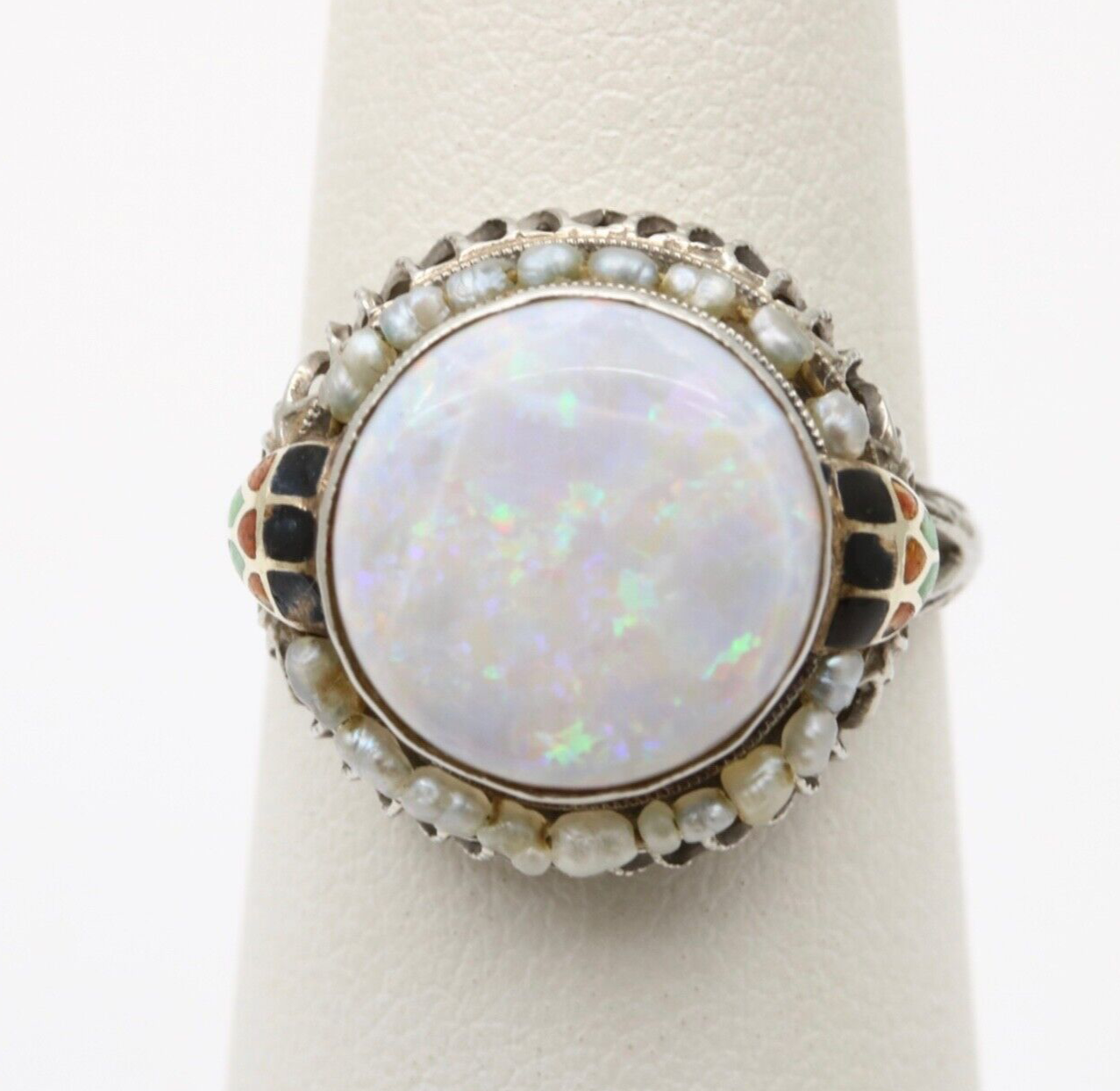 Antique Art Deco 10K White Gold Opal and Pearl Enamel Ring.