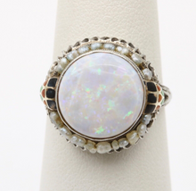 Load image into Gallery viewer, Antique Art Deco 10K White Gold Opal and Pearl Enamel Ring.
