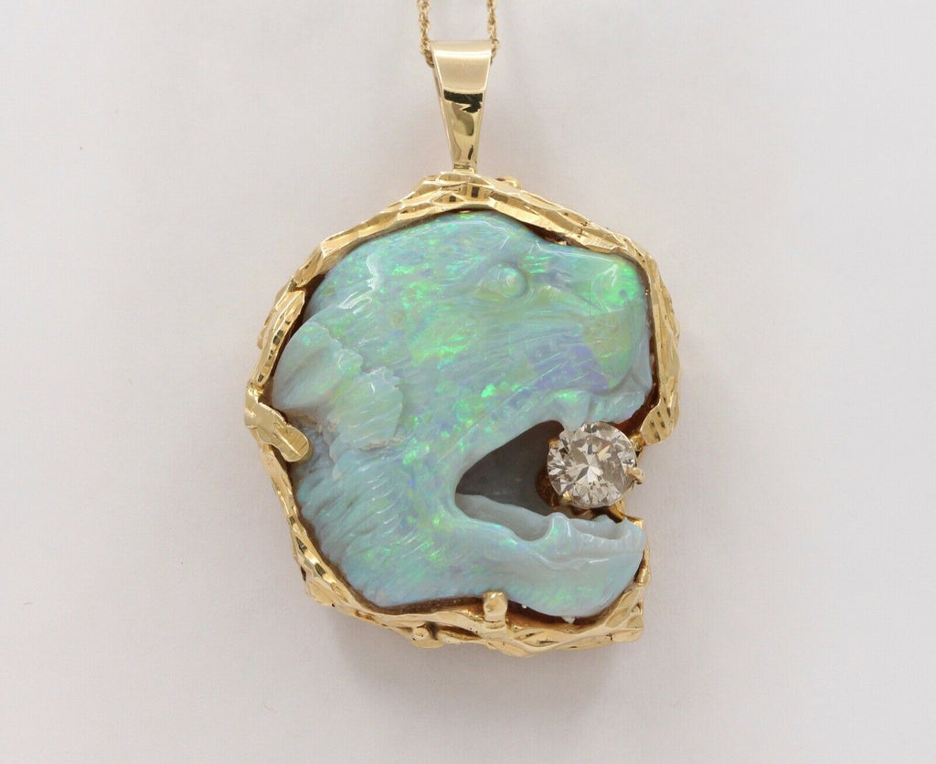 Vintage Carved Panther Large Australian Opal Held 1.0 carats round cut diamond P