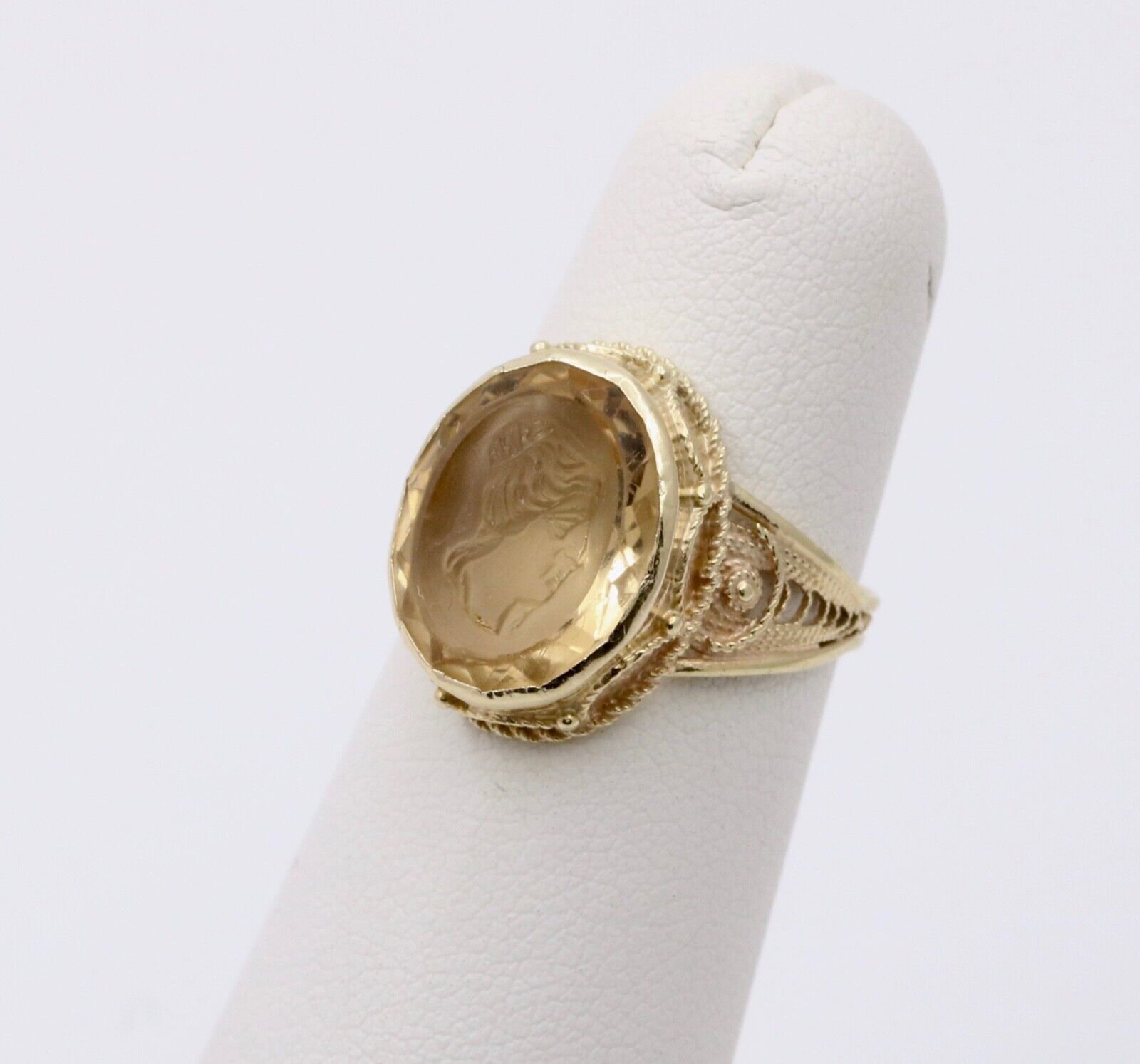 Vintage Carved Portrait Citrine 14K Yellow Gold Ring